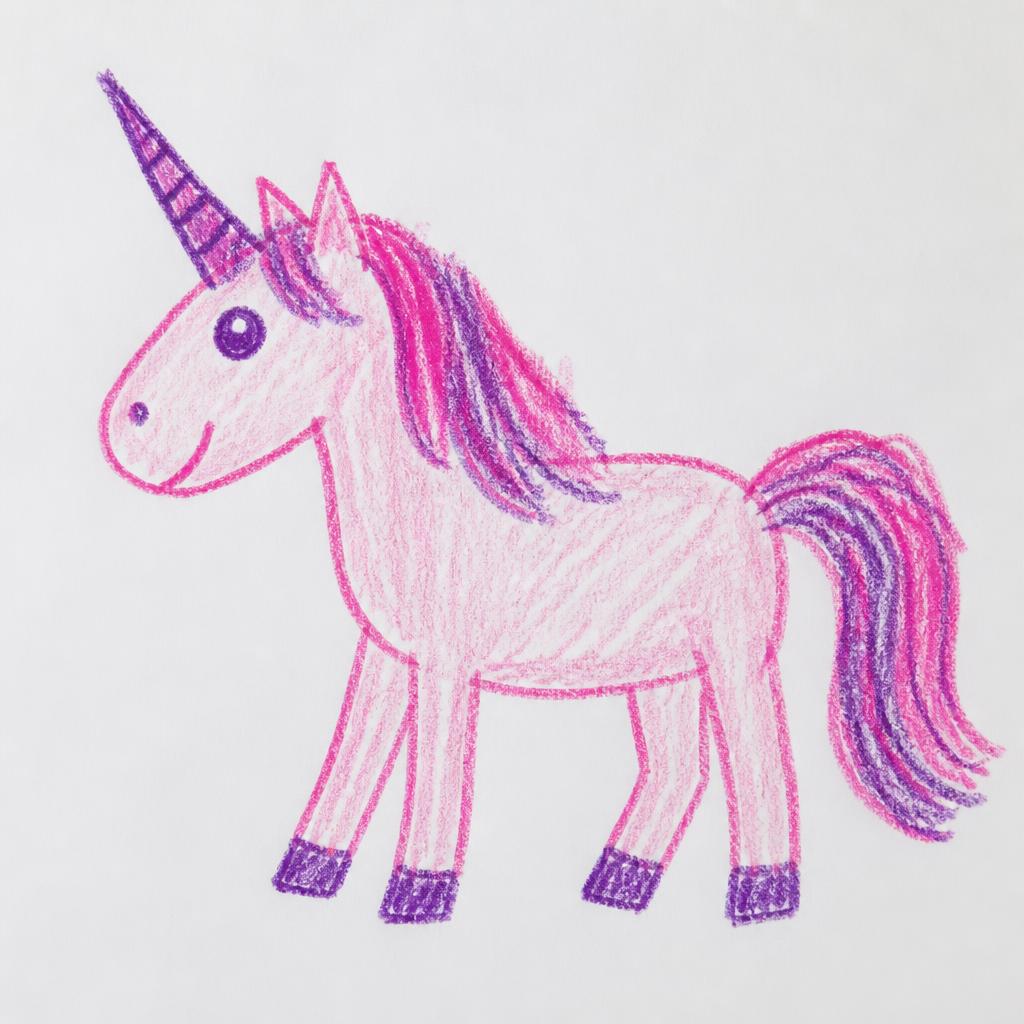 A child's crayon drawing of a pink unicorn