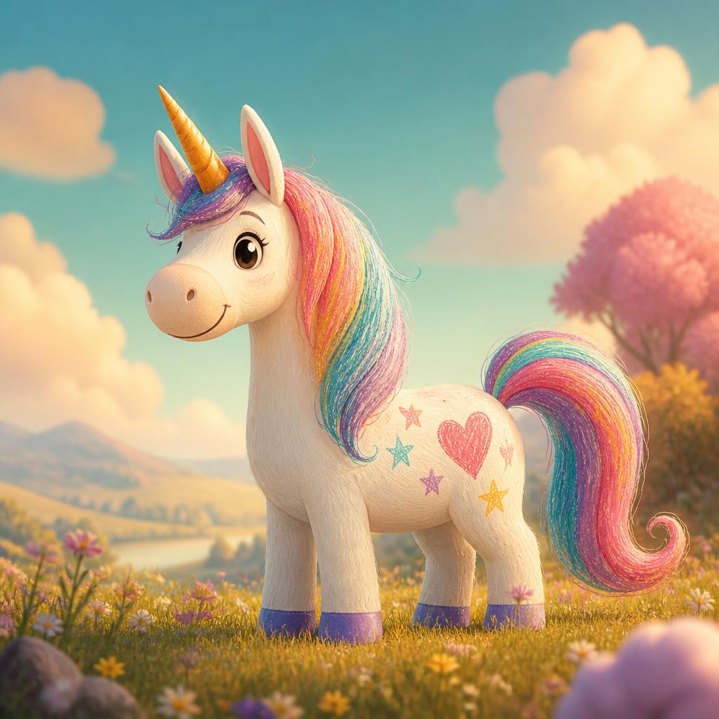The same unicorn rendered as a polished animated film frame